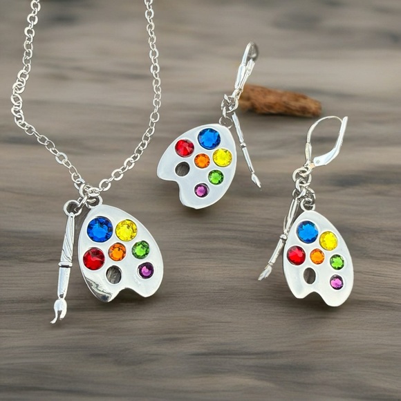 Jewelry - Artist palette necklace and earrings set with colorful crystals